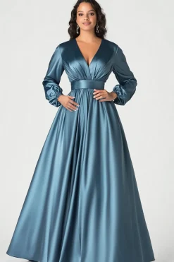 Cinzento Azul Cetim V-Neck Mãe do Vestido de Noiva com Mangas Longas