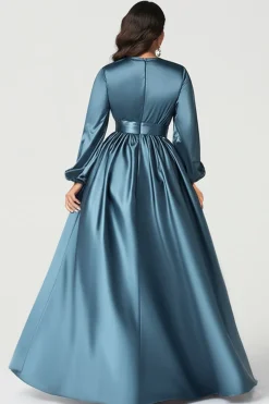 Cinzento Azul Cetim V-Neck Mãe do Vestido de Noiva com Mangas Longas