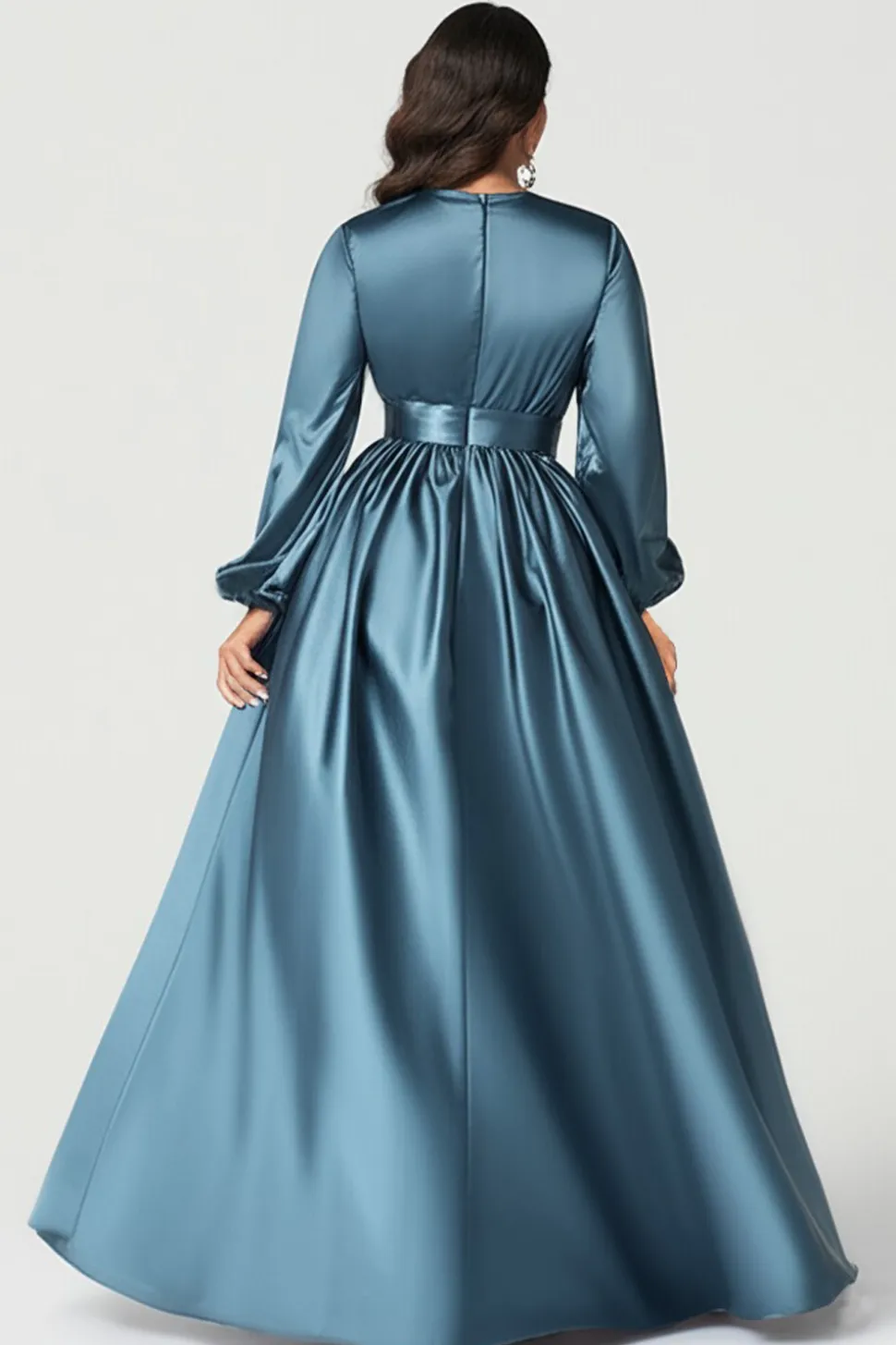 Cinzento Azul Cetim V-Neck Mãe do Vestido de Noiva com Mangas Longas