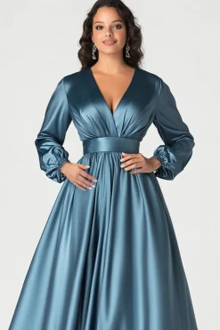 Cinzento Azul Cetim V-Neck Mãe do Vestido de Noiva com Mangas Longas