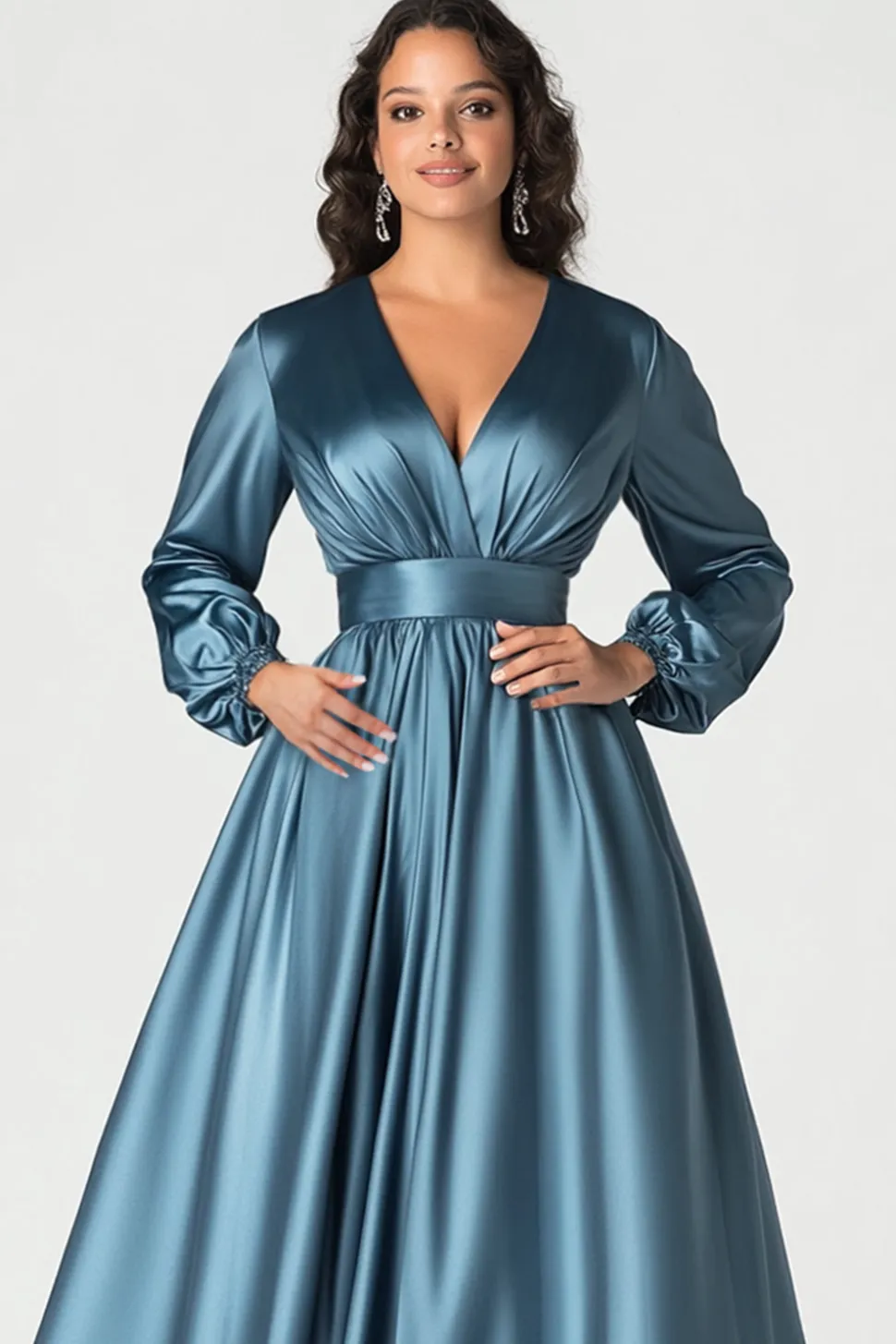 Cinzento Azul Cetim V-Neck Mãe do Vestido de Noiva com Mangas Longas
