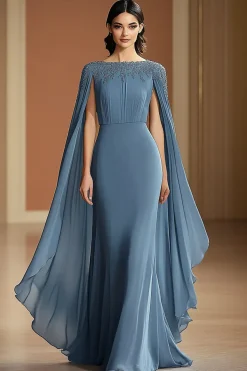Cinzento Azul Chiffon Pescoço de Barco Longo Vestidos Cerimónia