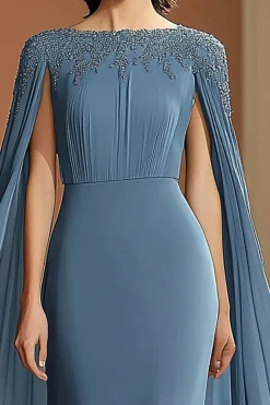 Cinzento Azul Chiffon Pescoço de Barco Longo Vestidos Cerimónia