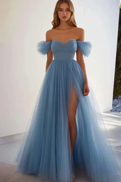 Cinzento Azul De Baile/Princesa Tule Vestido De Baile com Fenda