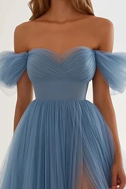 Cinzento Azul De Baile/Princesa Tule Vestido De Baile com Fenda