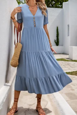 Cinzento Azul Decote em V Linha-A Midi Vestido de Verão