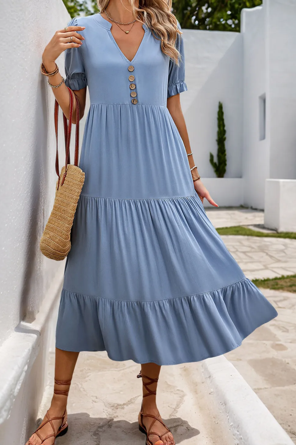 Cinzento Azul Decote em V Linha-A Midi Vestido de Verão