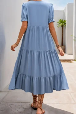 Cinzento Azul Decote em V Linha-A Midi Vestido de Verão