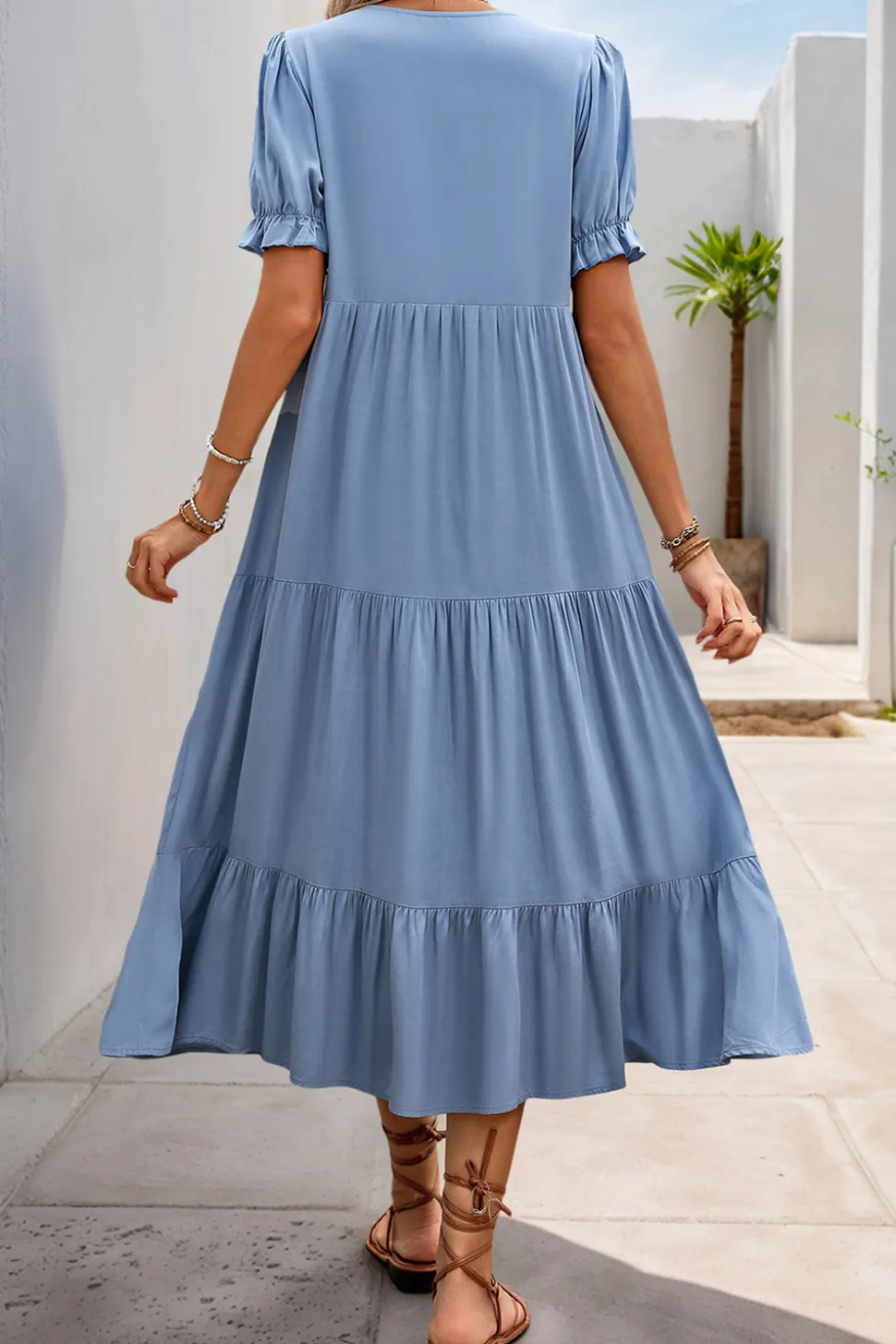 Cinzento Azul Decote em V Linha-A Midi Vestido de Verão