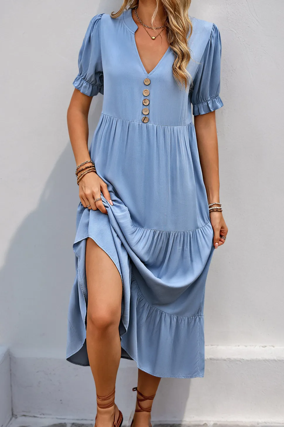 Cinzento Azul Decote em V Linha-A Midi Vestido de Verão