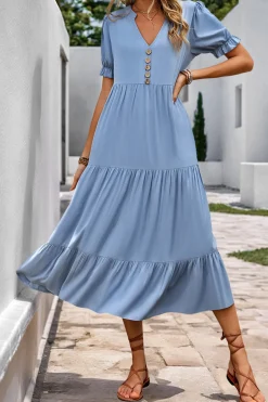 Cinzento Azul Decote em V Linha-A Midi Vestido de Verão