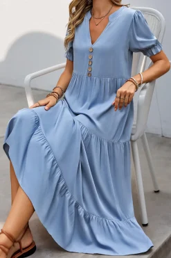 Cinzento Azul Decote em V Linha-A Midi Vestido de Verão