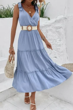 Cinzento Azul Decote em V Linha-A Vestido de Verão com Cinto
