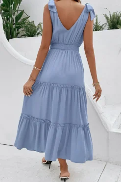 Cinzento Azul Decote em V Linha-A Vestido de Verão com Cinto