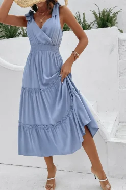Cinzento Azul Decote em V Linha-A Vestido de Verão com Cinto