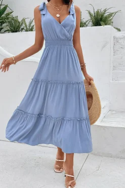 Cinzento Azul Decote em V Linha-A Vestido de Verão com Cinto
