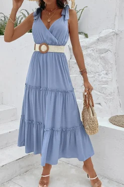 Cinzento Azul Decote em V Linha-A Vestido de Verão com Cinto
