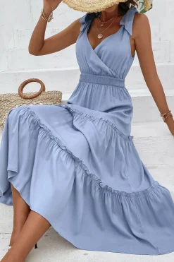 Cinzento Azul Decote em V Linha-A Vestido de Verão com Cinto