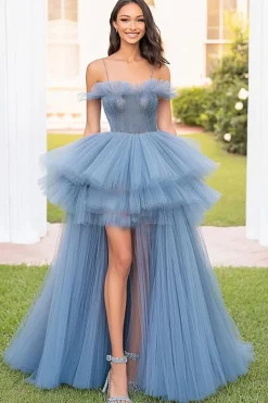 Cinzento Azul Esparguete Correias Tulle Ruffled A-Line Long Prom Dress