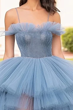 Cinzento Azul Esparguete Correias Tulle Ruffled A-Line Long Prom Dress