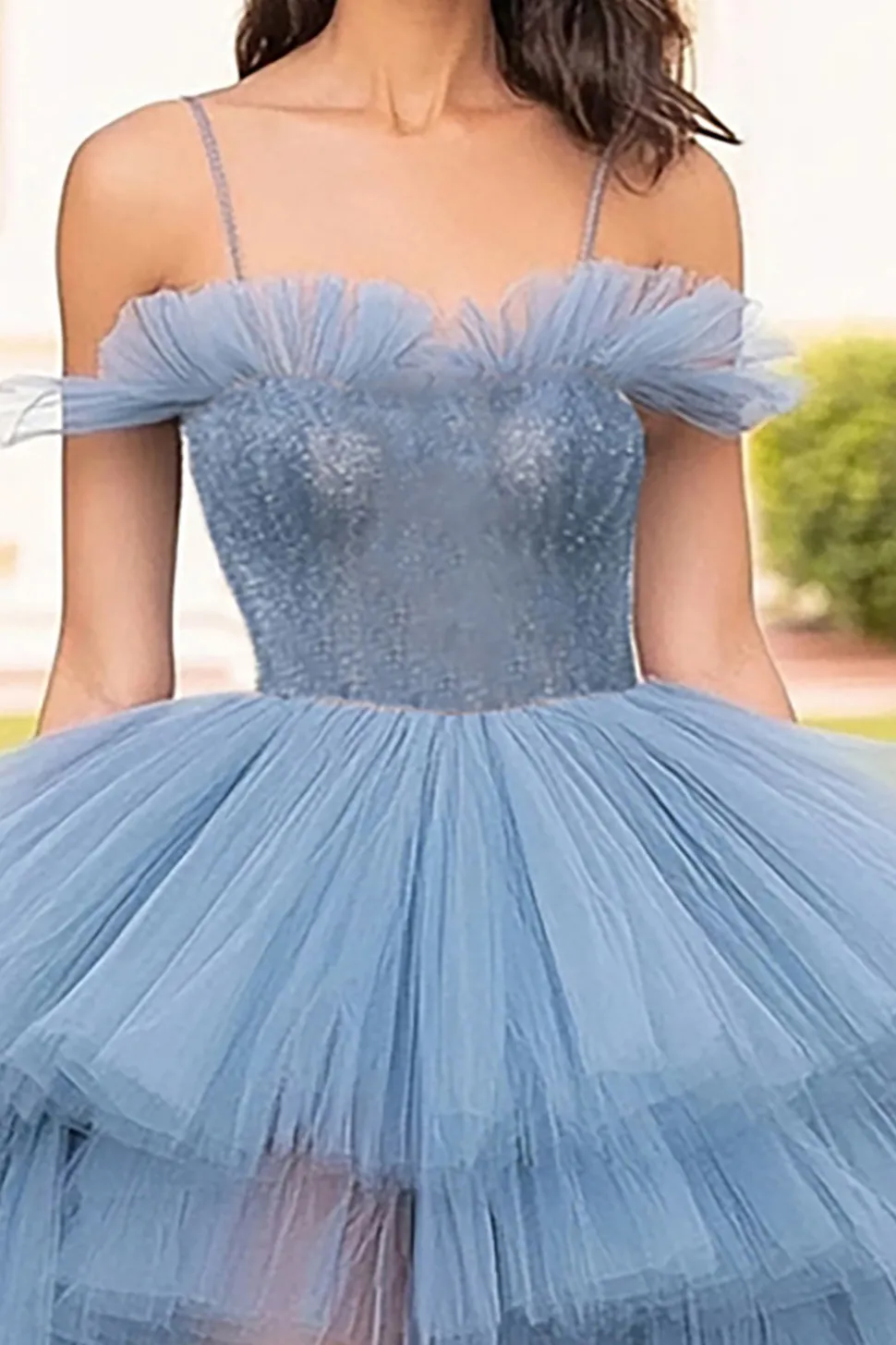 Cinzento Azul Esparguete Correias Tulle Ruffled A-Line Long Prom Dress