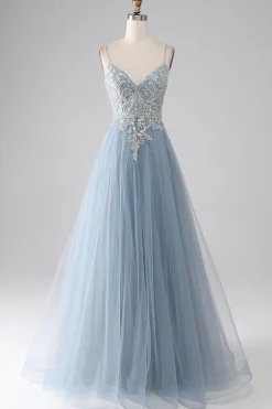 Cinzento Azul Esparguete Correias Brilhantes Lantejoulas Long Prom Dress