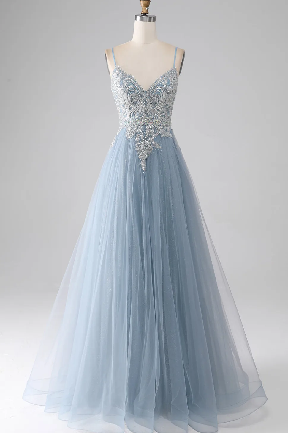 Cinzento Azul Esparguete Correias Brilhantes Lantejoulas Long Prom Dress