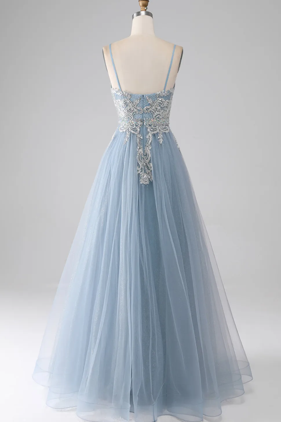 Cinzento Azul Esparguete Correias Brilhantes Lantejoulas Long Prom Dress