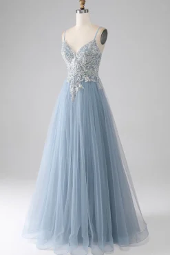Cinzento Azul Esparguete Correias Brilhantes Lantejoulas Long Prom Dress