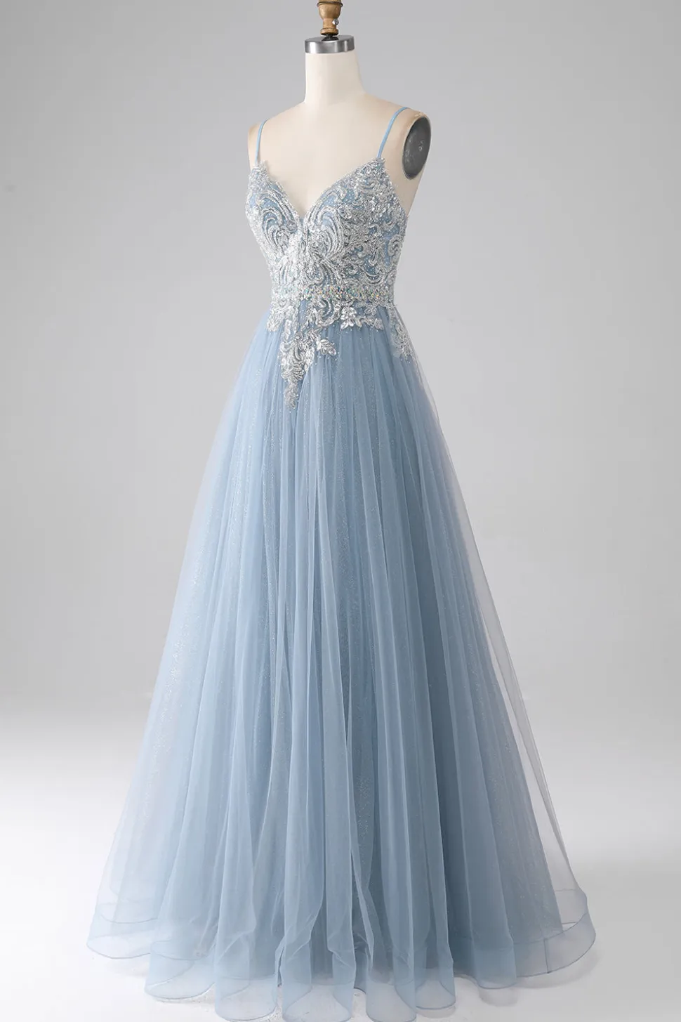 Cinzento Azul Esparguete Correias Brilhantes Lantejoulas Long Prom Dress