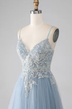 Cinzento Azul Esparguete Correias Brilhantes Lantejoulas Long Prom Dress