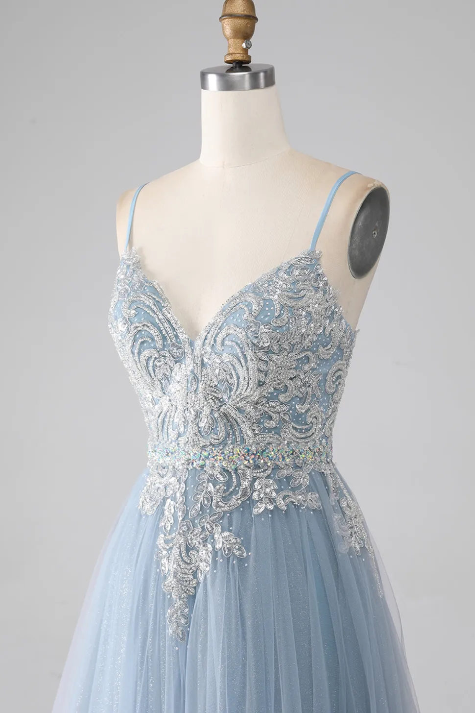 Cinzento Azul Esparguete Correias Brilhantes Lantejoulas Long Prom Dress