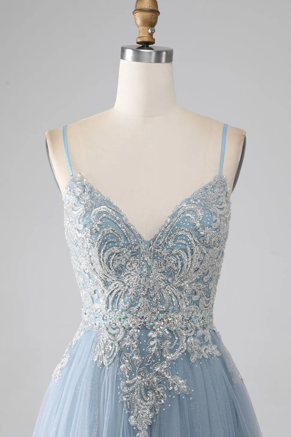 Cinzento Azul Esparguete Correias Brilhantes Lantejoulas Long Prom Dress