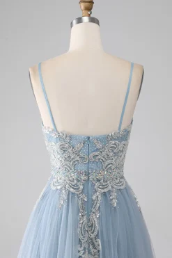 Cinzento Azul Esparguete Correias Brilhantes Lantejoulas Long Prom Dress