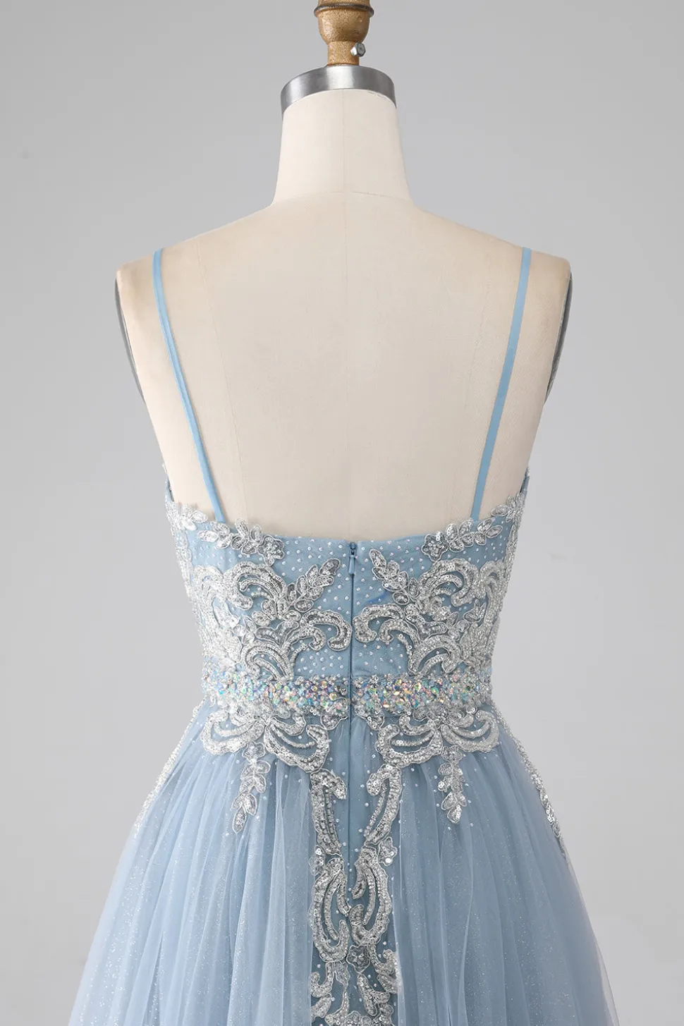 Cinzento Azul Esparguete Correias Brilhantes Lantejoulas Long Prom Dress