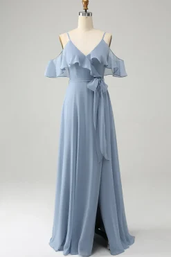 Cinzento Azul Esparguete Correias V-Neck Chiffon Vestido Madrinha com Fenda