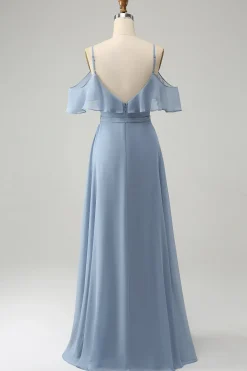 Cinzento Azul Esparguete Correias V-Neck Chiffon Vestido Madrinha com Fenda
