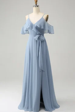 Cinzento Azul Esparguete Correias V-Neck Chiffon Vestido Madrinha com Fenda