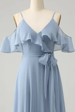 Cinzento Azul Esparguete Correias V-Neck Chiffon Vestido Madrinha com Fenda