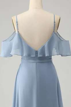 Cinzento Azul Esparguete Correias V-Neck Chiffon Vestido Madrinha com Fenda