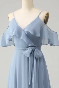 Cinzento Azul Esparguete Correias V-Neck Chiffon Vestido Madrinha com Fenda