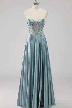 Cinzento Azul Linha-A Sem Alças Cetim Longo Vestido De Baile com Missangas
