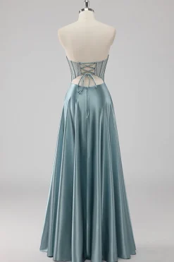Cinzento Azul Linha-A Sem Alças Cetim Longo Vestido De Baile com Missangas