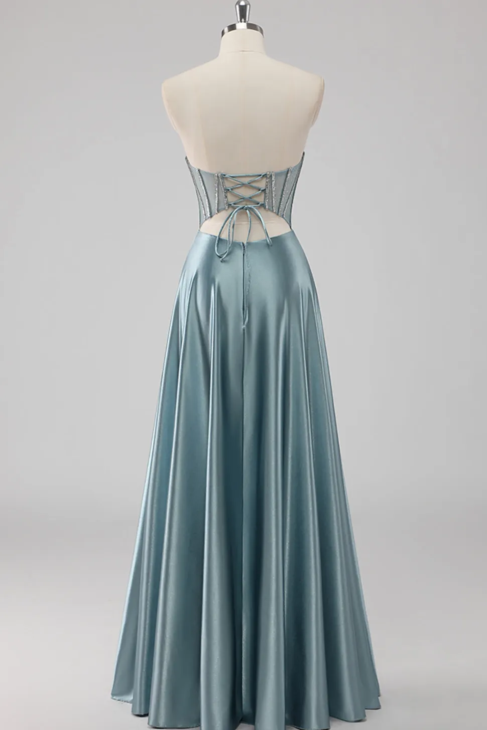 Cinzento Azul Linha-A Sem Alças Cetim Longo Vestido De Baile com Missangas