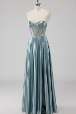 Cinzento Azul Linha-A Sem Alças Cetim Longo Vestido De Baile com Missangas