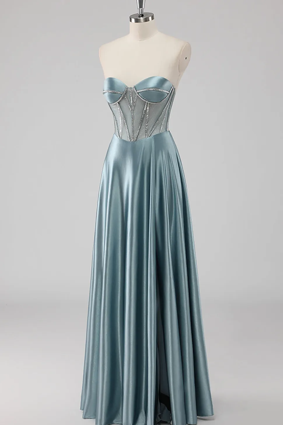 Cinzento Azul Linha-A Sem Alças Cetim Longo Vestido De Baile com Missangas