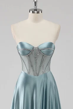 Cinzento Azul Linha-A Sem Alças Cetim Longo Vestido De Baile com Missangas