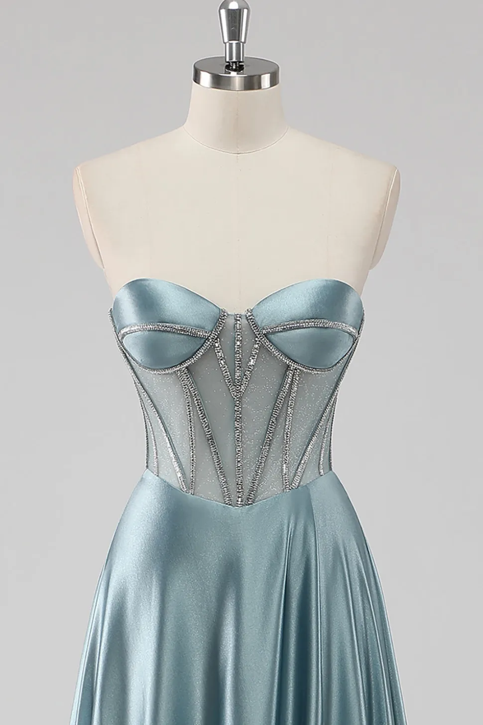Cinzento Azul Linha-A Sem Alças Cetim Longo Vestido De Baile com Missangas