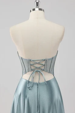 Cinzento Azul Linha-A Sem Alças Cetim Longo Vestido De Baile com Missangas