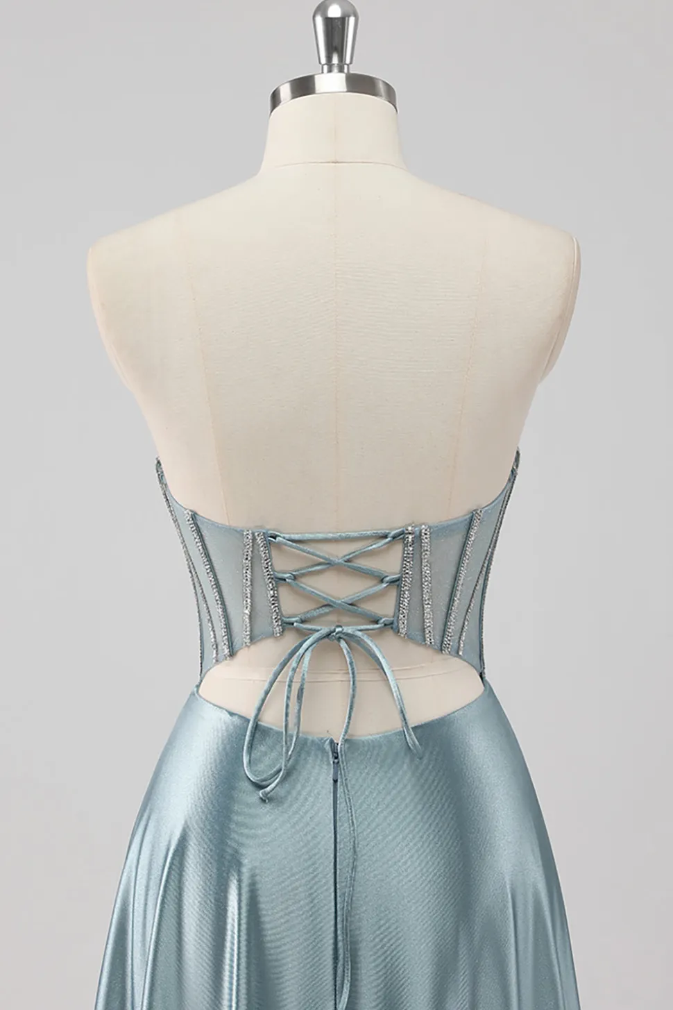 Cinzento Azul Linha-A Sem Alças Cetim Longo Vestido De Baile com Missangas